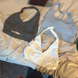 Set of Three Sports Bras in Gray, Blue, and White